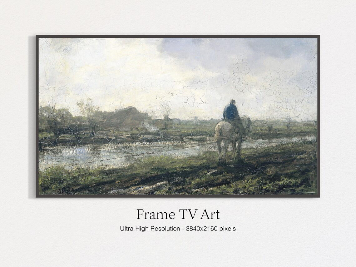 Farmer Riding Horse Across the Plain Vintage Muted Landscape Print