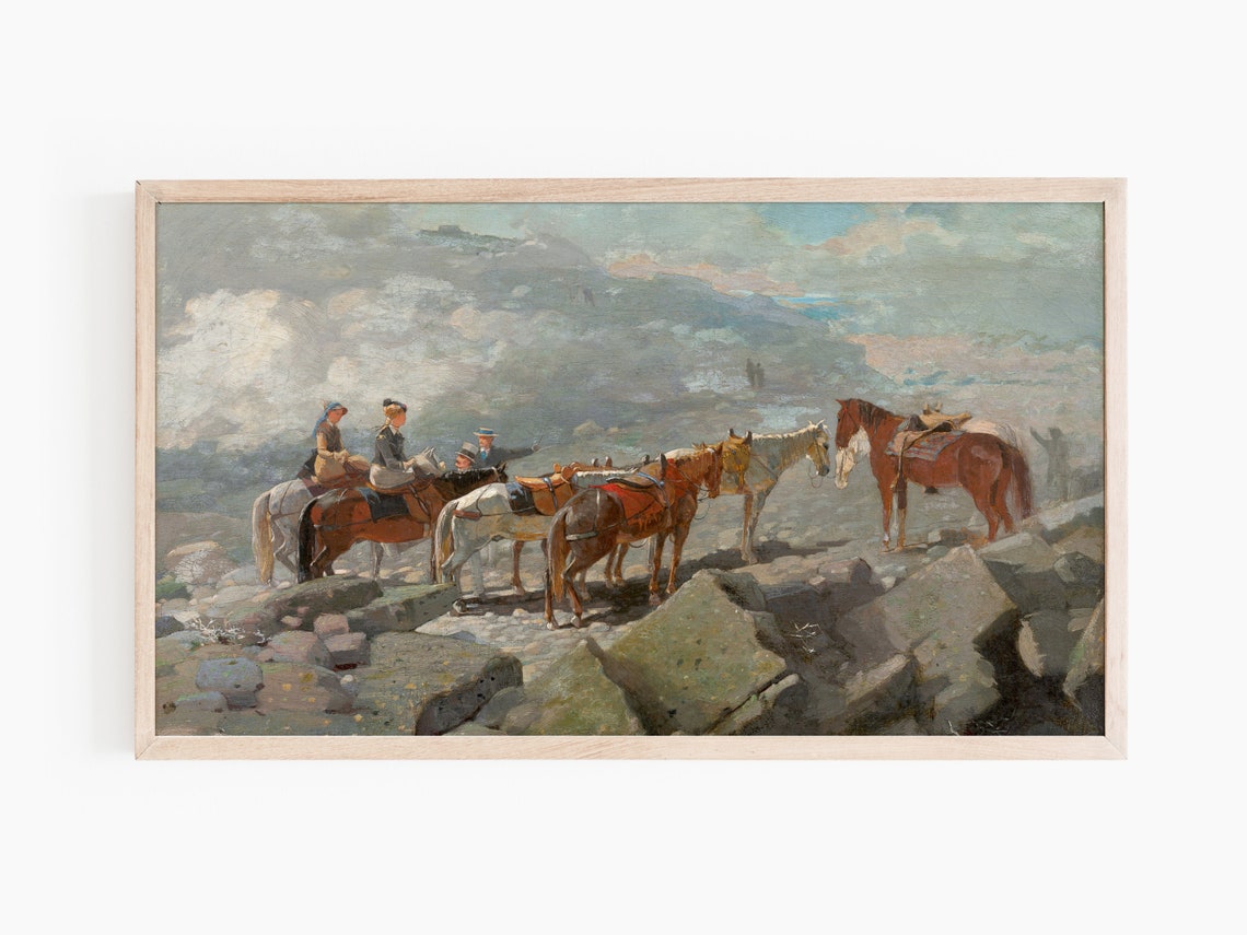 Horseback Riders Resting In Rocky Mountain Landscape Vintage Art Print - Image 3