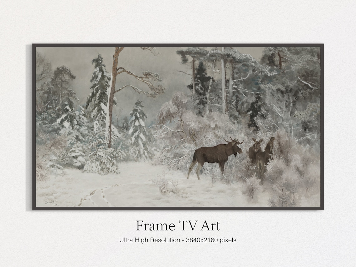 Moose Herd Snowy Pine Forest Winter Wildlife Landscape Print