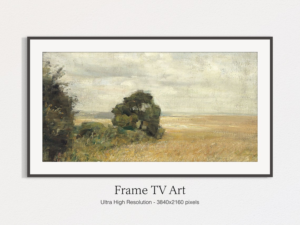 Muted Vintage Lone Tree Golden Field Cloudy Sky Landscape Print