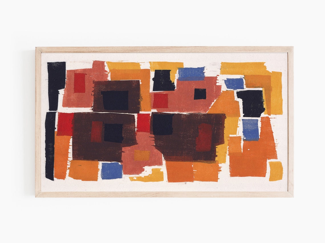 Geometric Blocks in Rust Orange and Blue Modern Abstract Art Print - Image 3