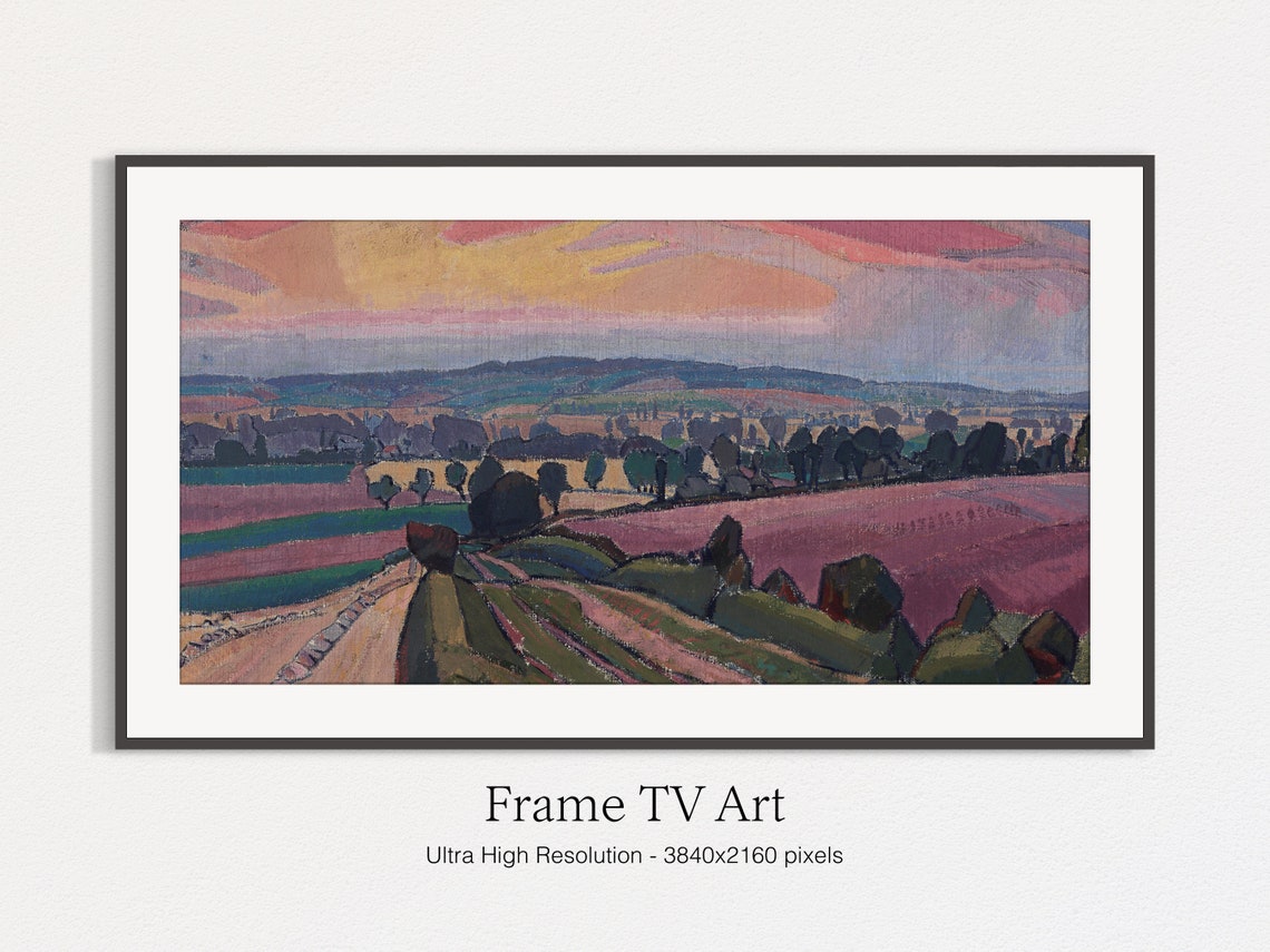 Expressionist Countryside Sunset Painting Pink Fields Landscape Art - Image 5