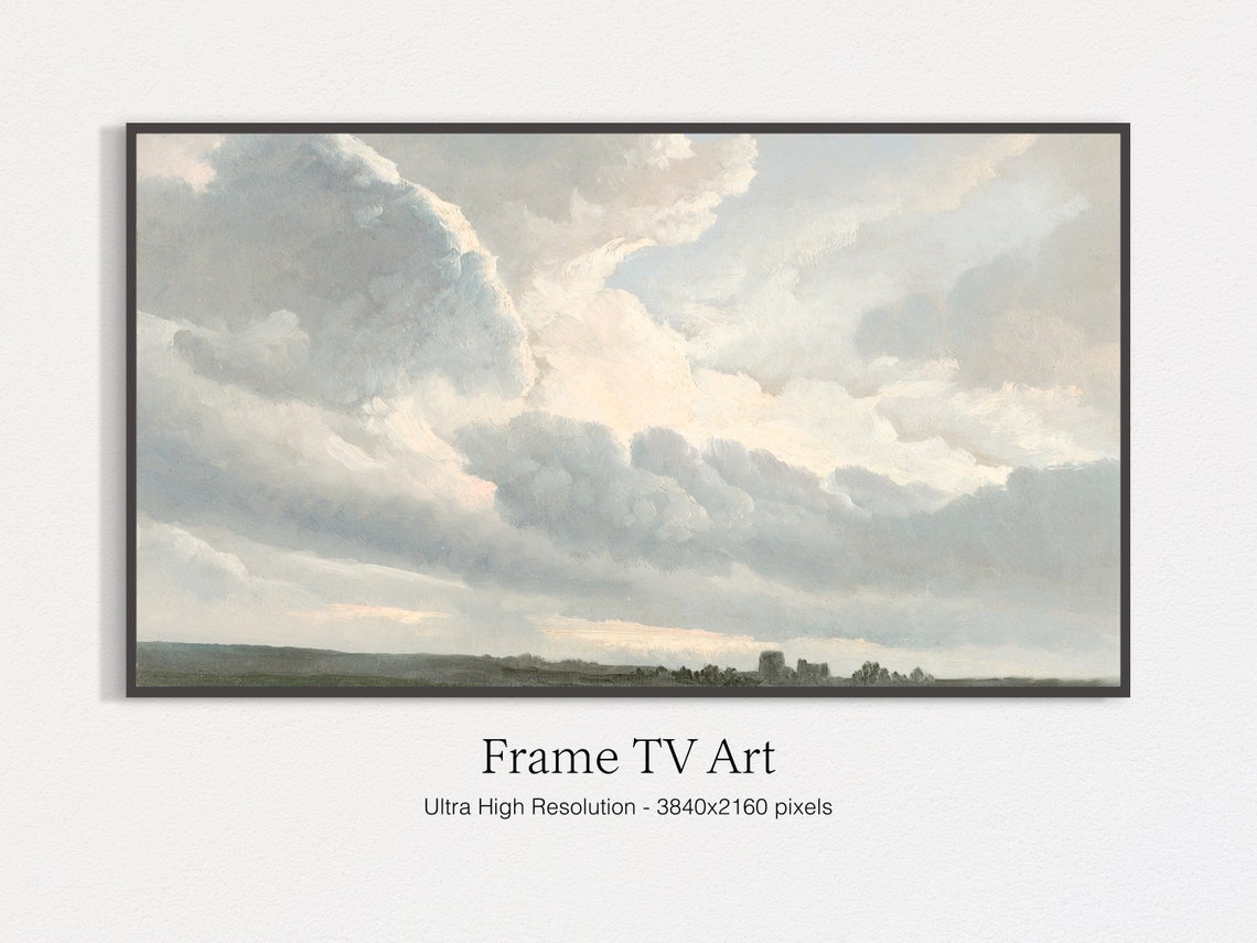 Dramatic Billowing Clouds Over Green Plains Vintage Sky Painting Print