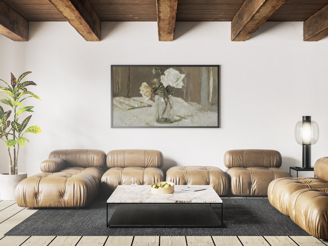 White Roses In Glass Vase Still Life Painting Vintage Floral Wall Art - Image 4