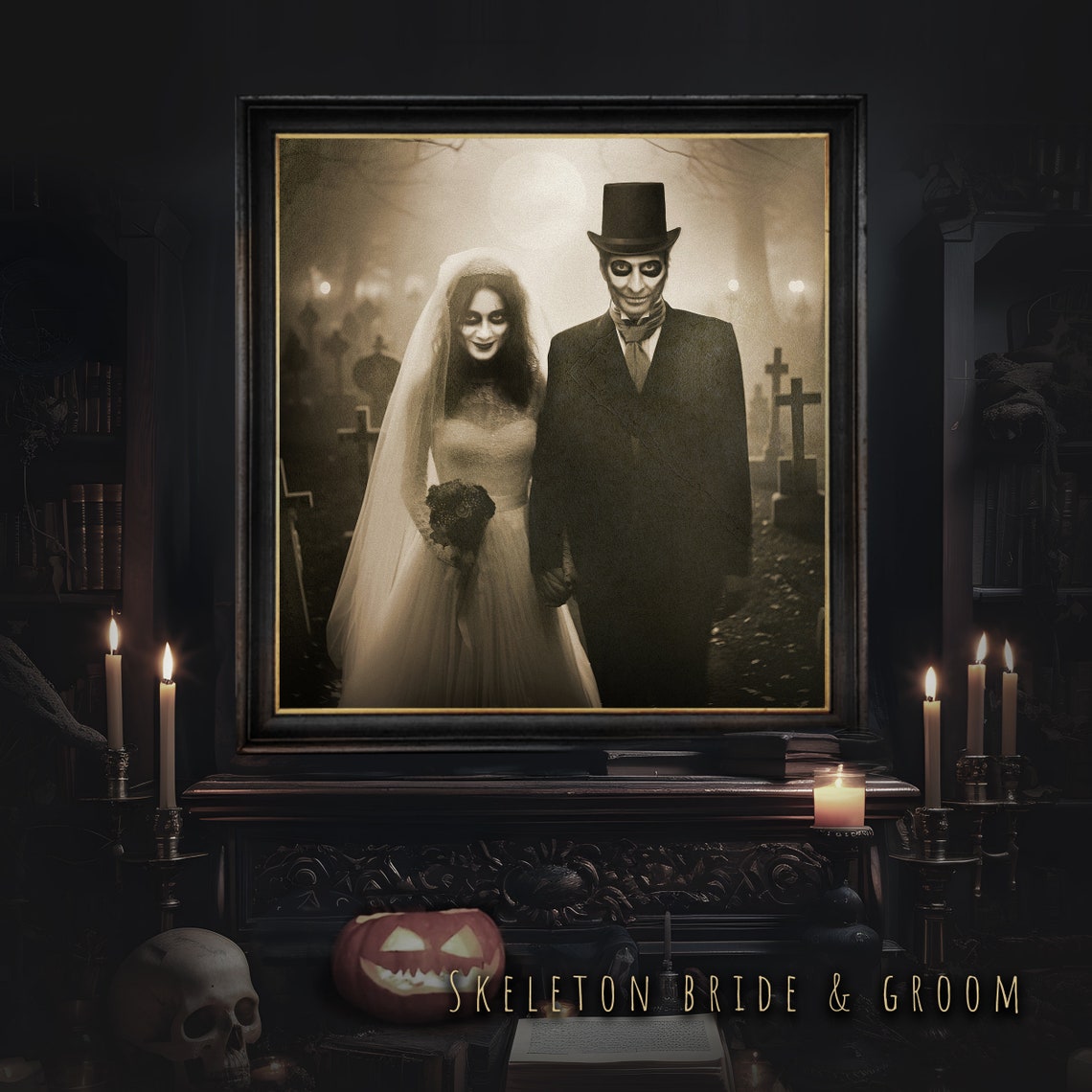 Custom Skeleton Couple Halloween Portrait Graveyard Sepia Art Poster - Image 3