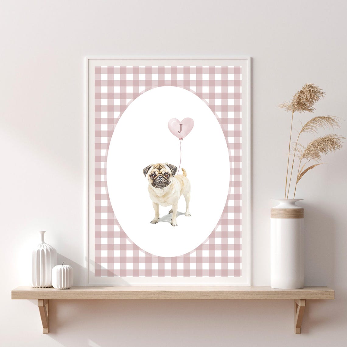 Pug with Heart Balloon Monogram Custom Nursery Dog Portrait Poster - Image 4