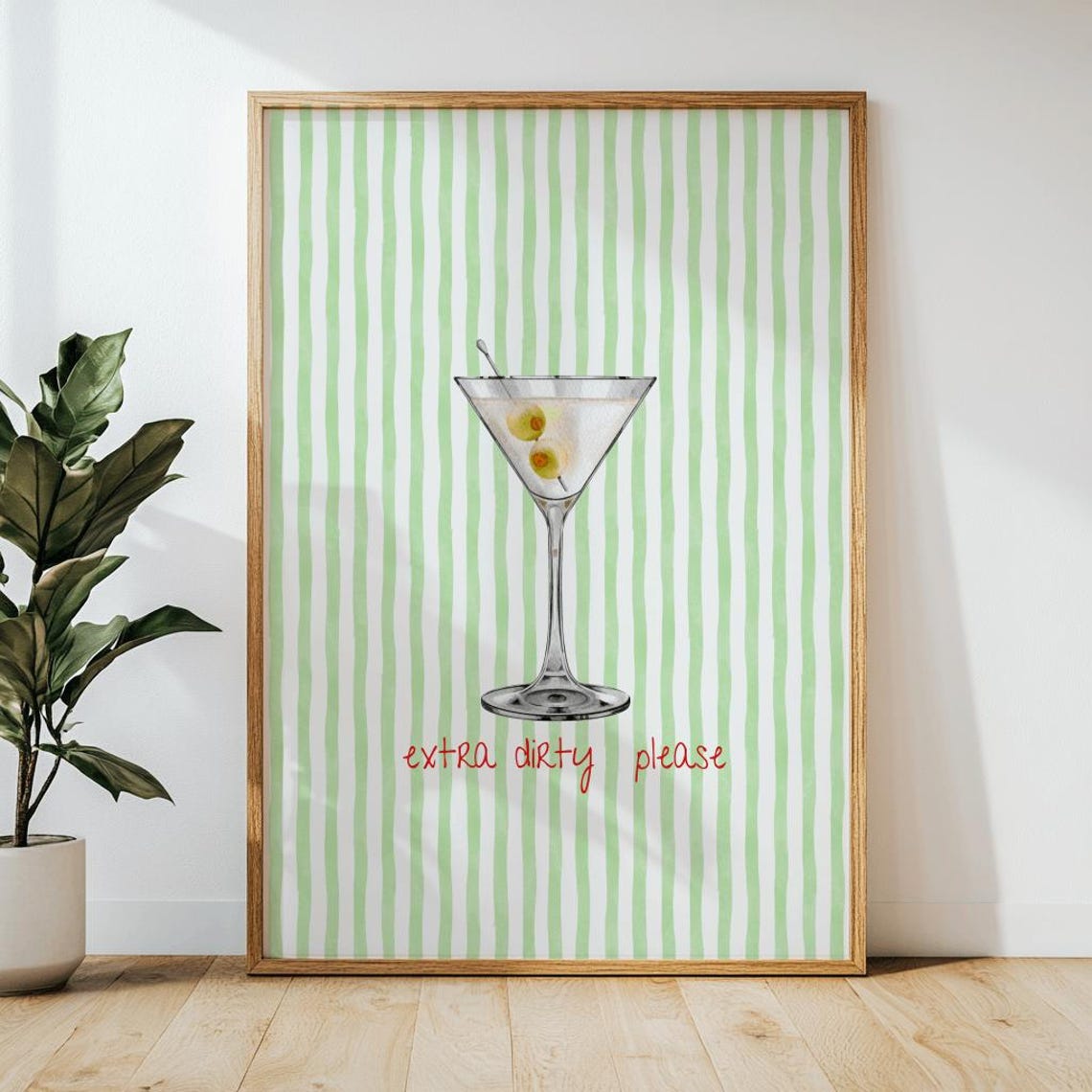 Extra Dirty Please Retro Martini Olive Green Stripes Cocktail Poster