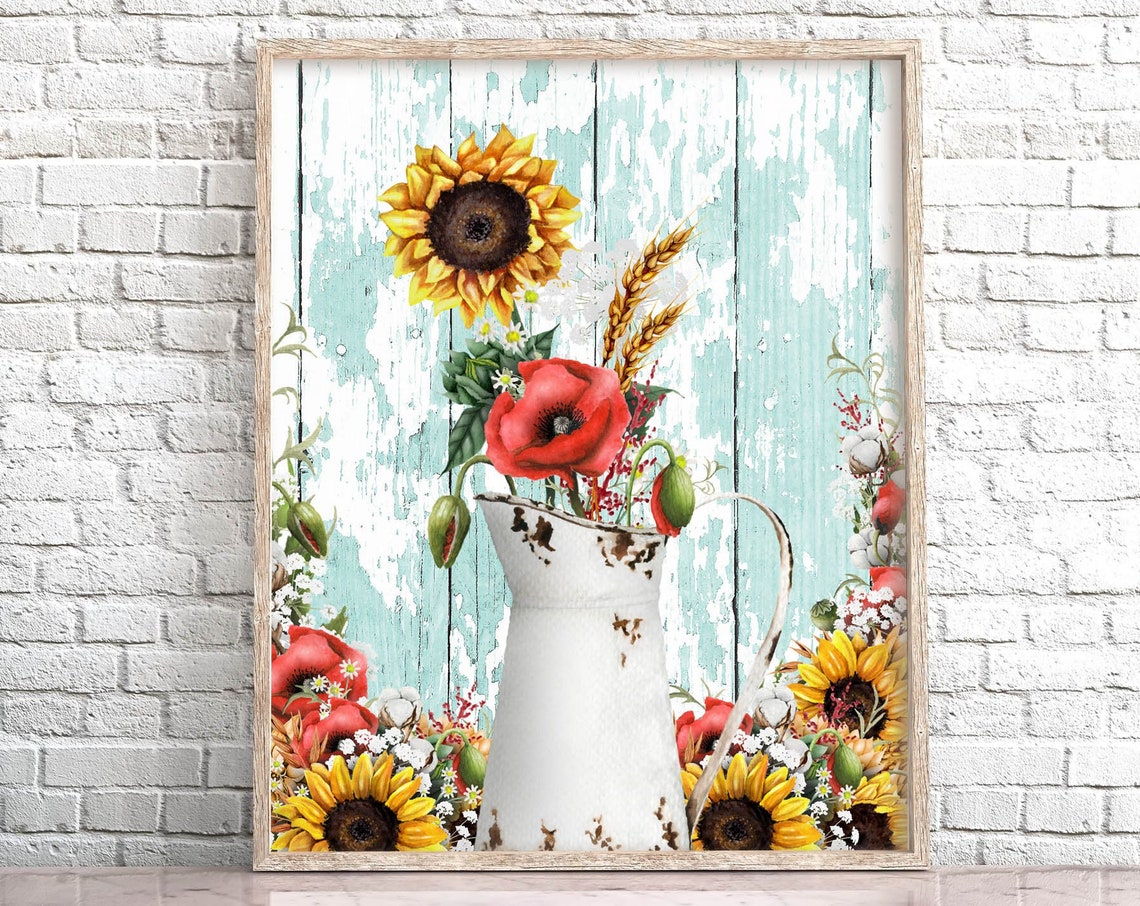 Farmhouse Floral Sunflower Bouquet Wall Art 5x7 8x10 11x14 16x20 Poppies Sign Country Flowers Diy Decor Farmhouse Diy Decor