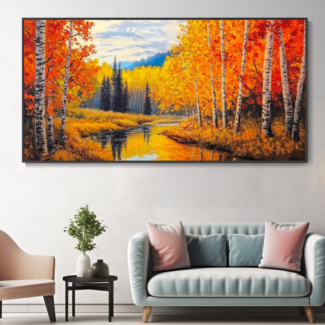 Autumn Birch Forest Creek Golden Red Leaves Panoramic Wall Art