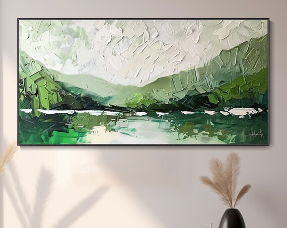 Emerald Landscapes Original Oil Painting Abstract Scenery Wall Art 3d Minimalist Textured Knife Artwork Modern Living Room Bedroom Decor