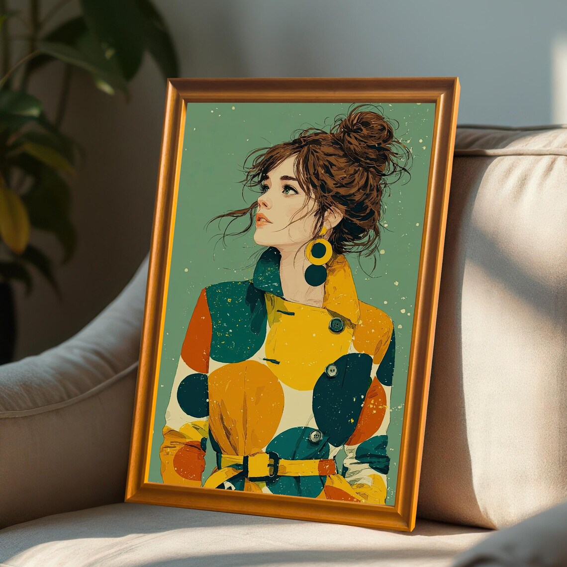 Retro Polka Dot Coat Woman Portrait, Art Print