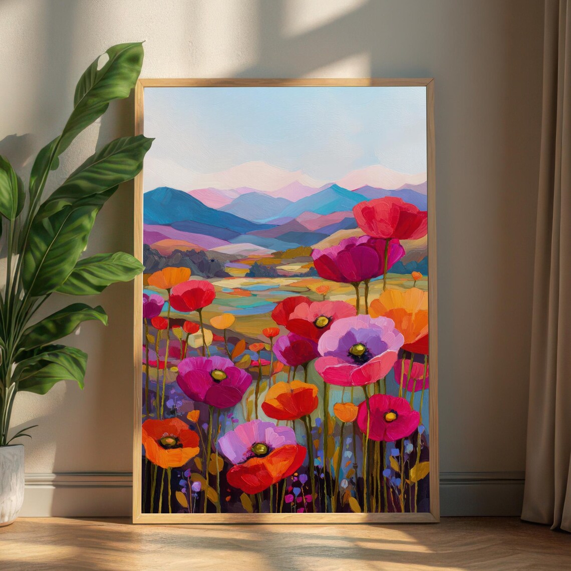 Vibrant Poppy Field Blooming Red Orange Flowers Mountain Art Print