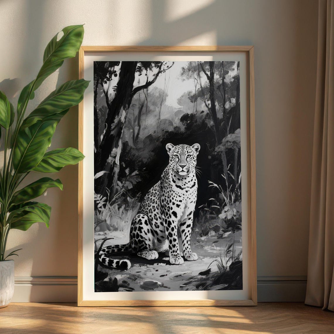 Black White Leopard Portrait Art Print Monochromatic Jungle Wildcat Wall Decor Instant Animal Sketch Wildlife