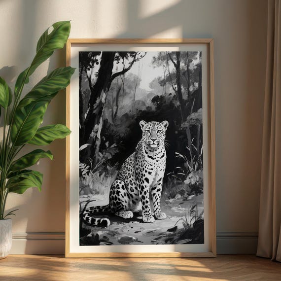 Black White Leopard Portrait Art Print Monochromatic Jungle Wildcat Wall Decor Instant Animal Sketch Wildlife
