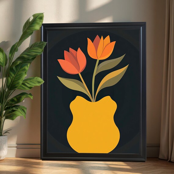 Orange Tulip Vintage Floral Vase Art Print