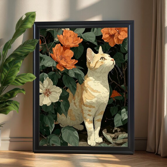Cream Cat Among Orange Peonies Botanical Garden Illustration Poster