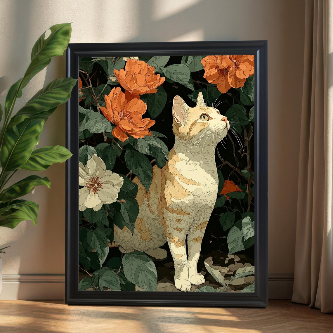 Cream Cat Among Orange Peonies Botanical Garden Illustration Poster