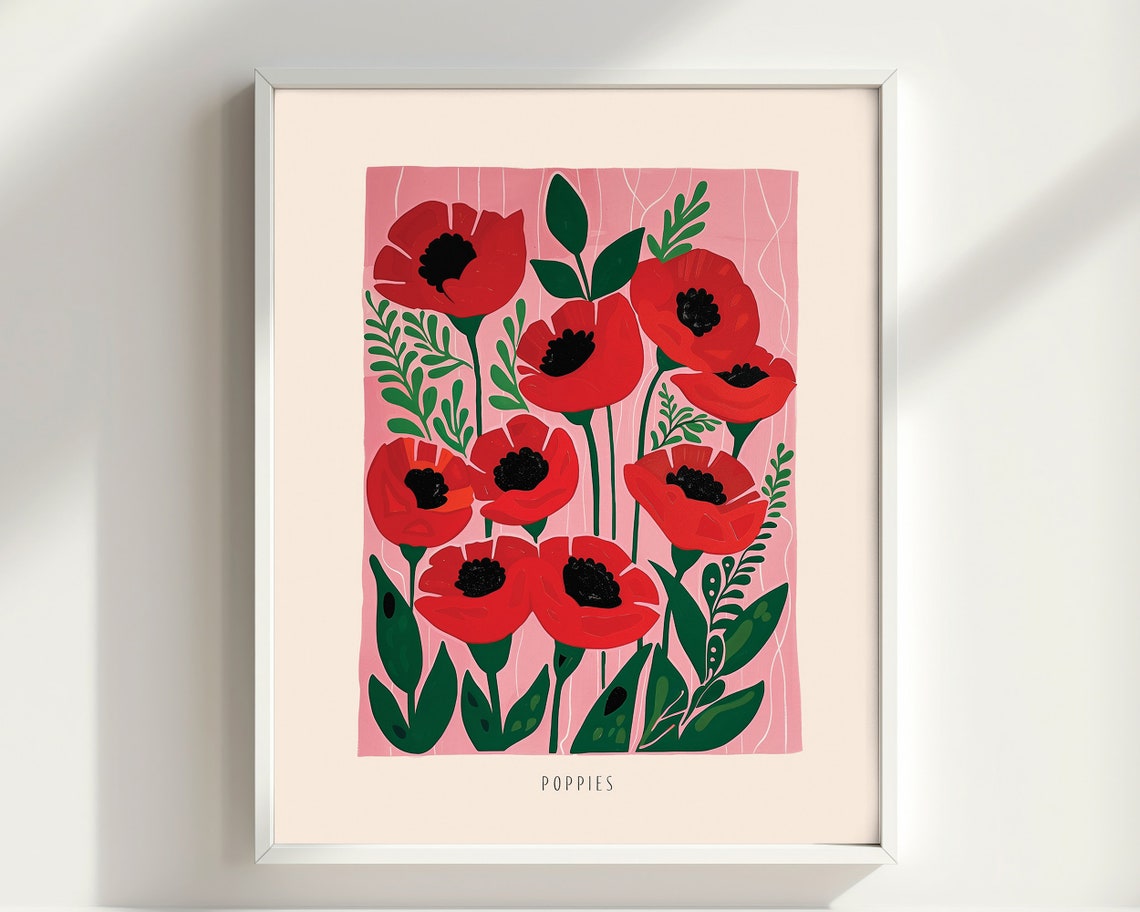 Red Poppies Botanical Flower Illustration Minimalist Wall Art - Image 2