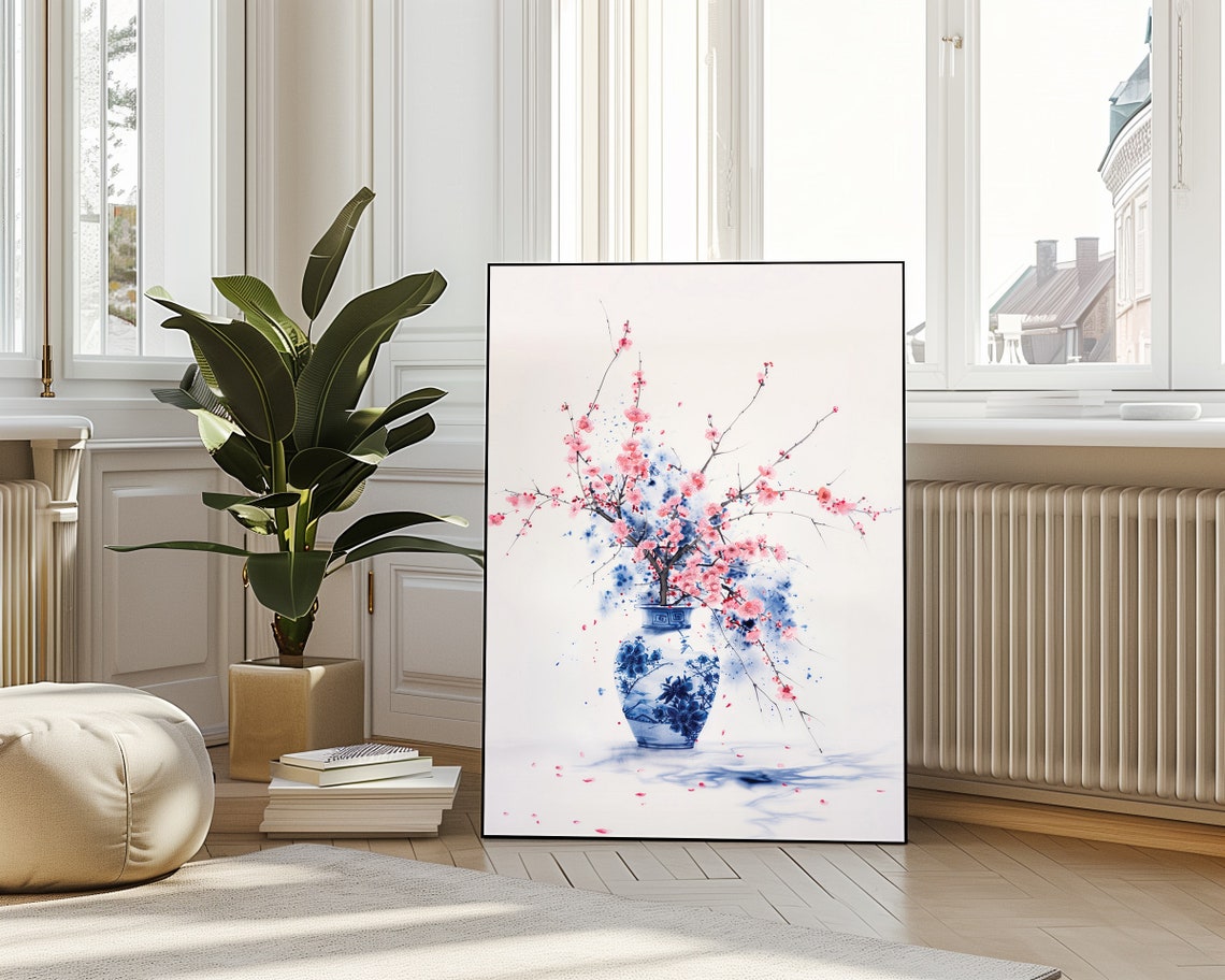 Pink Blossom Watercolor Blue Vase Delicate Petal Spring Flower Poster - Image 4