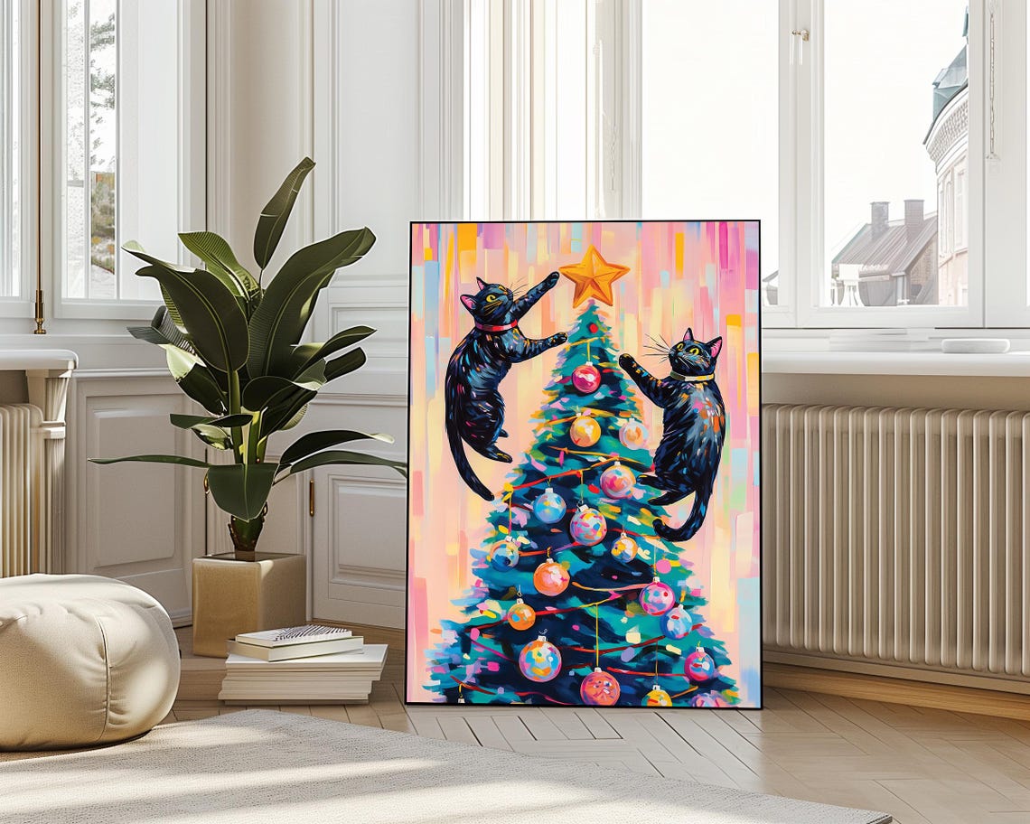 Black Cats Catching Christmas Tree Black Cat Poster Print Christmas Print Xmas Poster Funny Animal Print Vivid Oil Painting Cat Xmas - Image 4