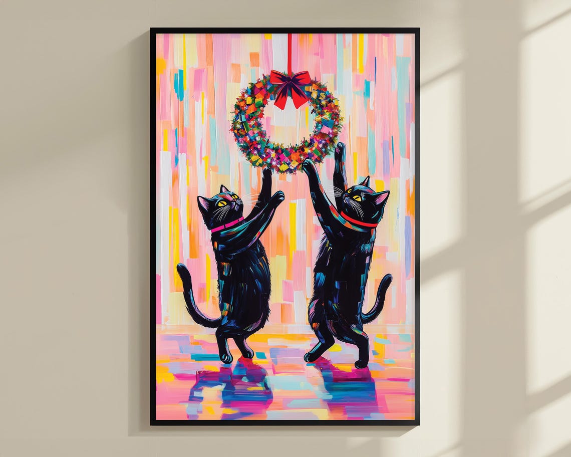 Black Cats Catching Christmas Wreath Black Cat Poster Print Christmas Print Xmas Poster Funny Animal Print Vivid Oil Painting Cat Xmas - Image 3