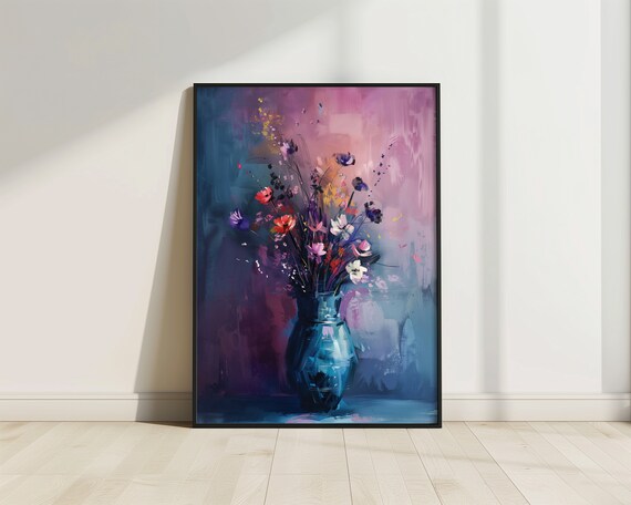 Wild Flower Blossom Art Print Moody Flower Drawing Floral Art Print Still Life Art Print Muted Color Home Decor Violet Flower Wall Art