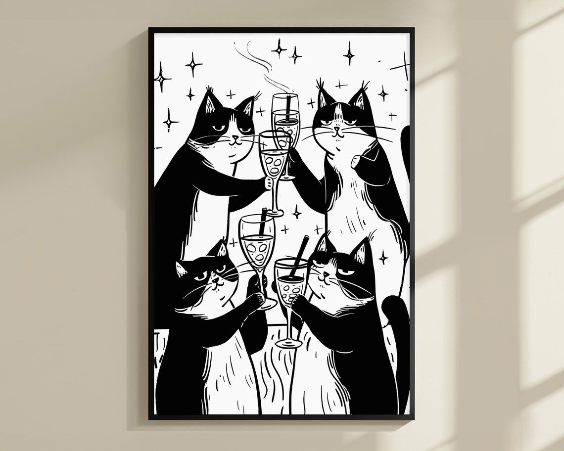 Cheers Cats Toasting Black and White Tuxedo Cat Party Poster - Image 3
