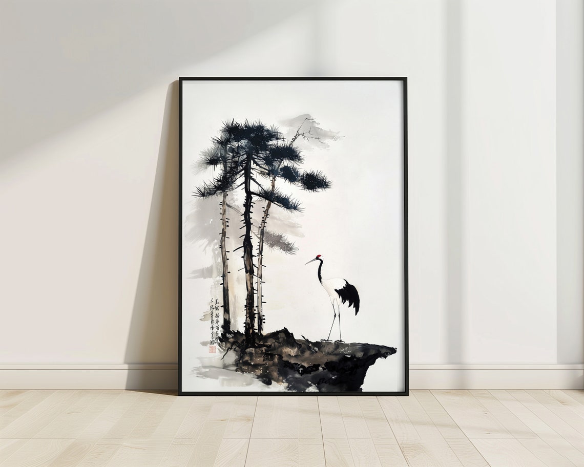 Standing Crane Pine Tree Rock Chinese Ink Wash Minimal Zen Bird Poster