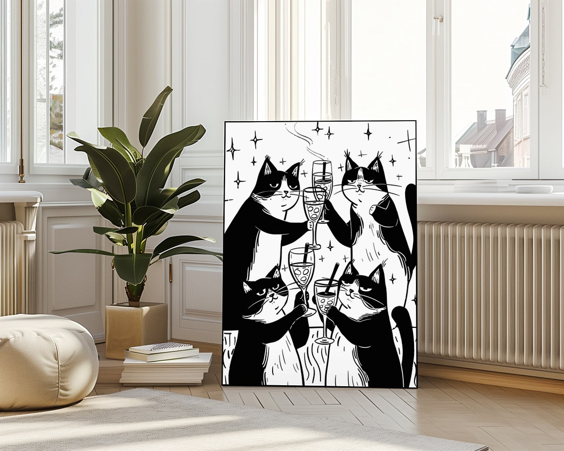 Cheers Cats Toasting Black and White Tuxedo Cat Party Poster - Image 4