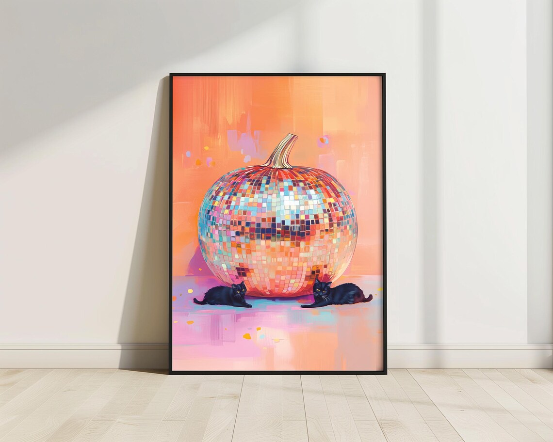 Rainbow Disco Ball Pumpkin Black Cats Halloween Glam Sparkle Fall Poster - Image 4