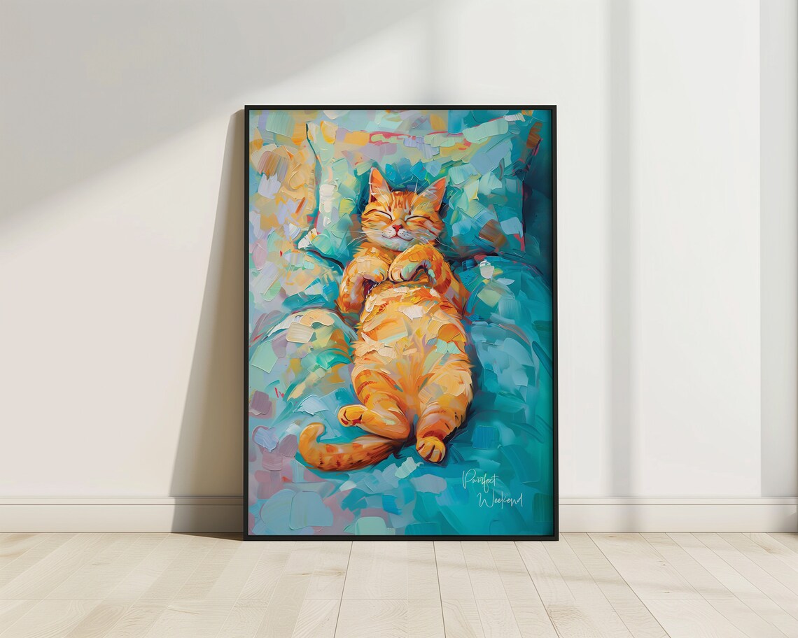 Ginger Cat Sleeping Art Print, Funny Cat Wall Decor