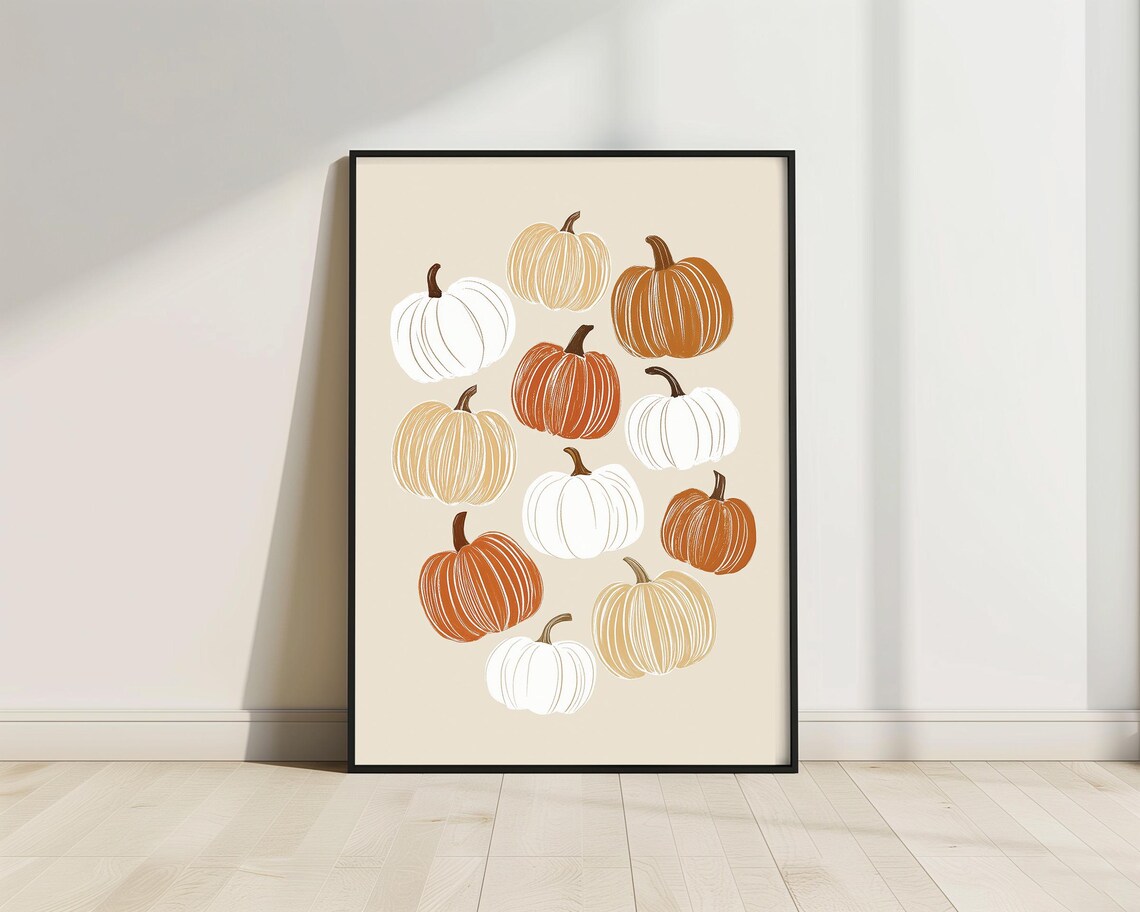Hand Drawn Pumpkin Set Neutral Beige White Orange Fall Autumn Decor Poster - Image 4