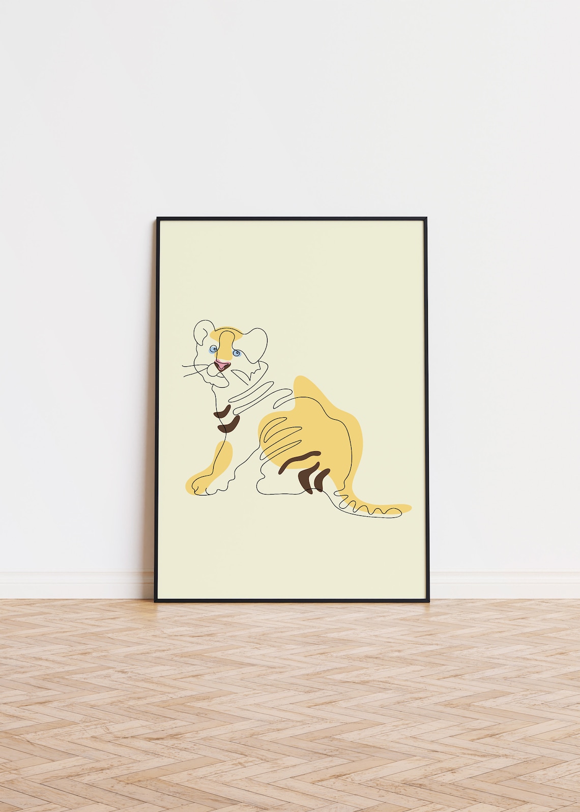 Line Art Tiger Cub Minimalist Yellow Cream Cute Animal Poster