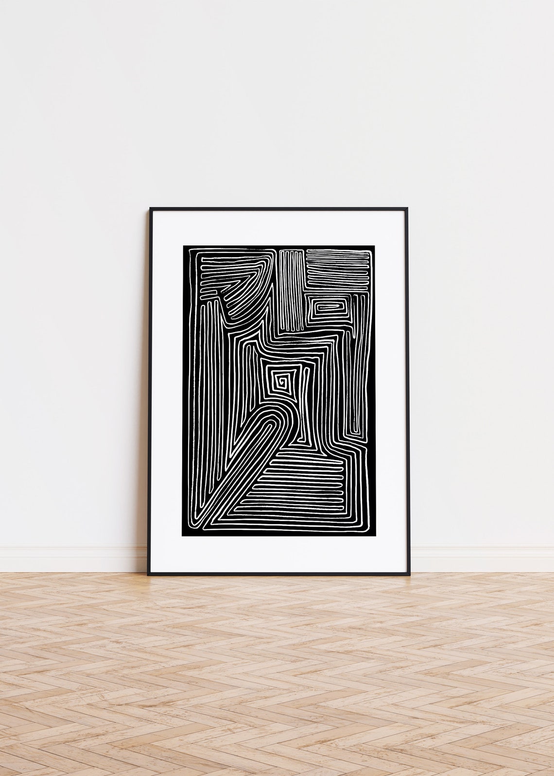 Black White Maze Labyrinth Line Abstract Monochrome Art Poster