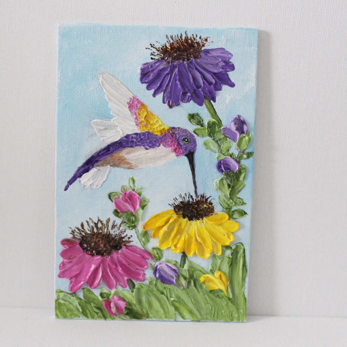 Hummingbird and Coneflowers Impasto Oil Painting Bird Art Poster