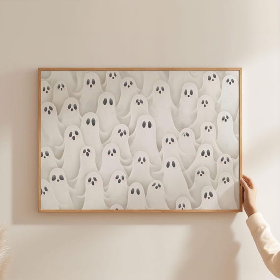 Physical Poster Cute Ghosts Print Halloween Wall Art White Spooky Decor Decorations All Over