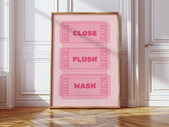 Close Flush Wash Funny Bathroom Toilet Rule Print Pink Pastel Retro Art Trendy Wall