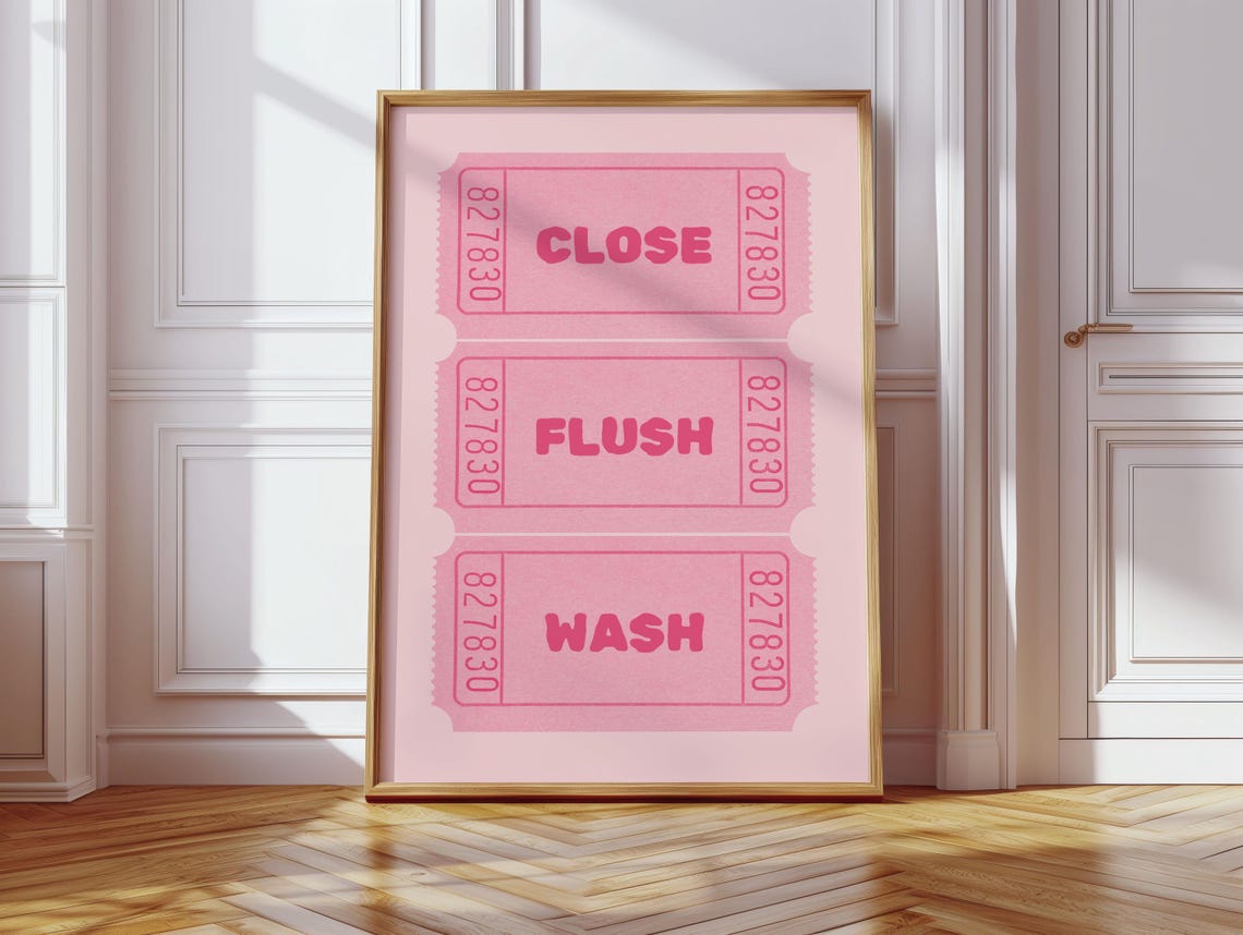 Close Flush Wash Pink Retro Carnival Ticket Stub Bathroom Poster