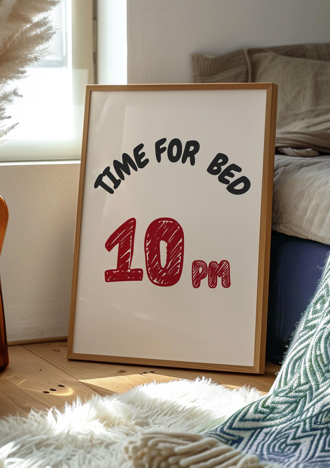 Time For Bed Typography Wall Art Red Bedroom Decor Positive Quote Print Nursery Or Kids Room