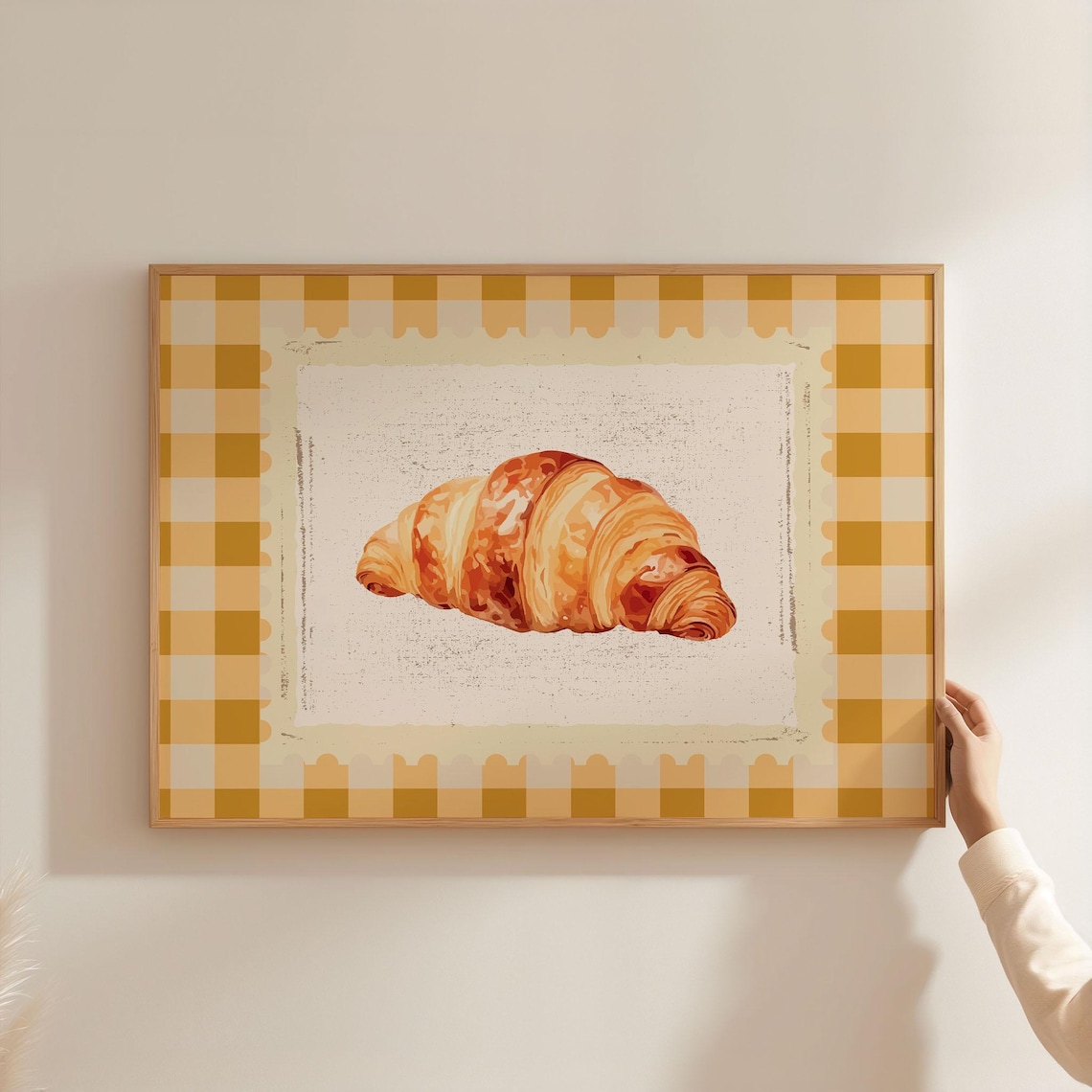 Buttery Croissant Watercolor On Gingham Stamp Cozy Kitchen Poster