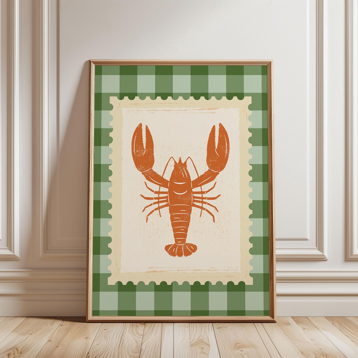 Lobster Sea Life Ocean Seafood Stripe Kitchen Maximalist Colourful Retro Wall In Green Orange Checkered Pattern Prints