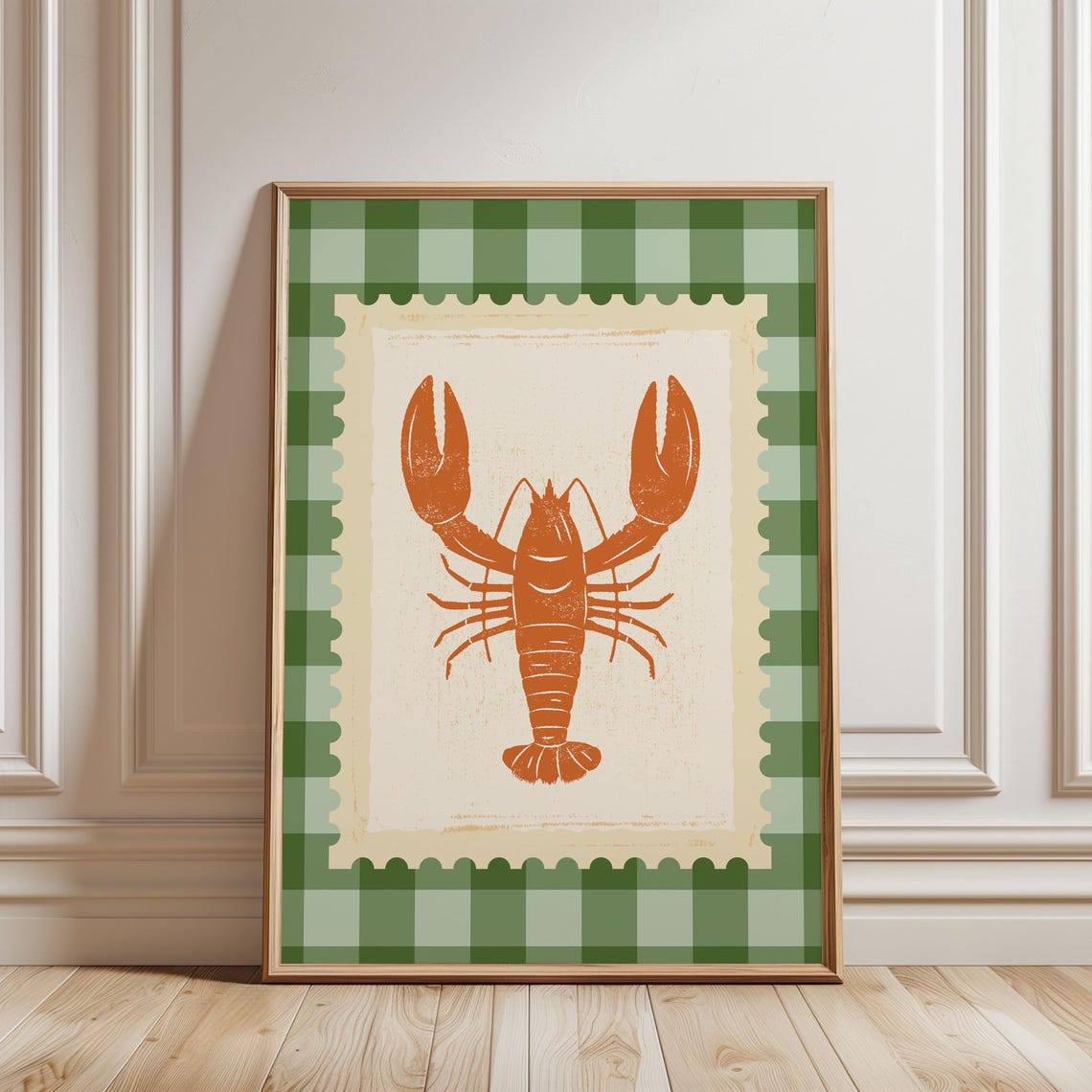 Orange Lobster Stamp Illustration Green Gingham Retro Poster