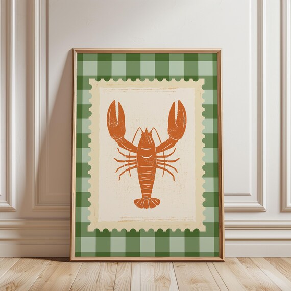 Lobster Sea Life Ocean Seafood Stripe Kitchen Maximalist Colourful Retro Wall In Green Orange Checkered Pattern Prints