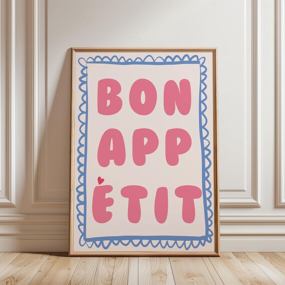 Bon Appetit Pink Bubble Typography French Kitchen Art Poster