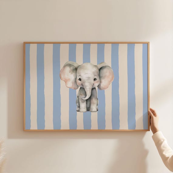 Baby Elephant Nursery Print Cute Animal Art Poster Landscape Blue Stripe Line Pattern For Kids Home Room Decor