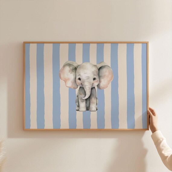 Baby Elephant Watercolor Blue Stripe Nursery Room Wall Decor Poster
