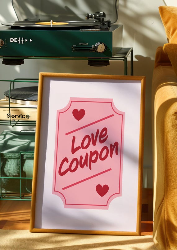 Retro Cute Valentine Quote Wall Art Love Coupon Ticket Typography Pink Red