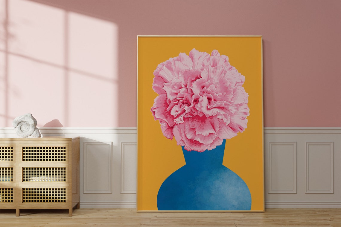 Vibrant Pink Peony in Blue Vase Maximalist Floral Art Poster