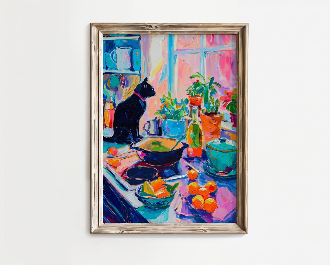 Fauvist Black Cat In A Sunlit Kitchen Colorful Abstract Poster