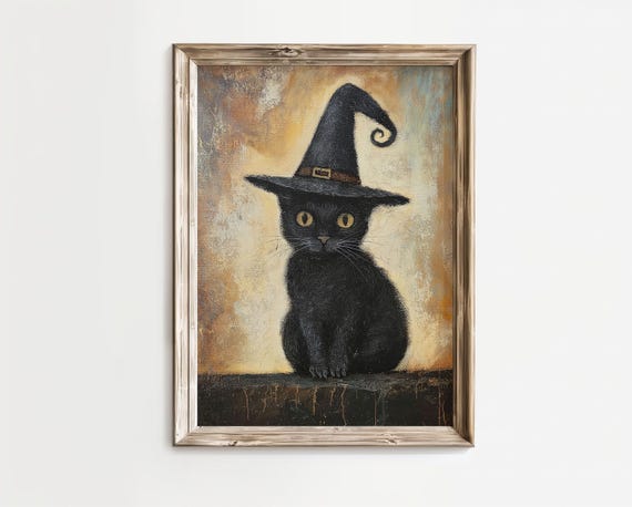 Black Cat Witch Hat Vintage Amber Halloween Painterly Art Poster